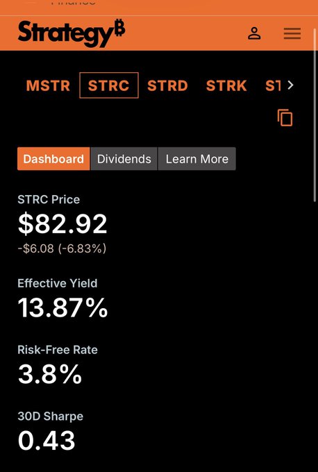 "The Sharpe Ratio of $STRC on 
  $MSTR corporate website as seen from 
  the user's mobile device", says the image description. The post also contains advice for the user, suggesting that they should be careful about printing or sharing the Sharpe ratio without knowing if it is accurate and not potentially related to a lawyer who could advise them in this matter.