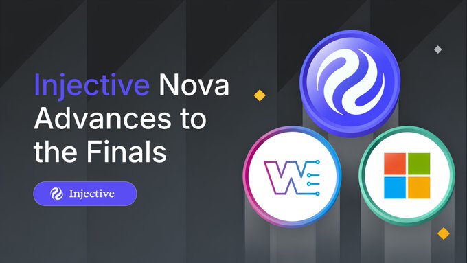 Promotional graphic announcing 'Injective Nova Advances to the Finals' featuring the Injective logo alongside two other project logos.
