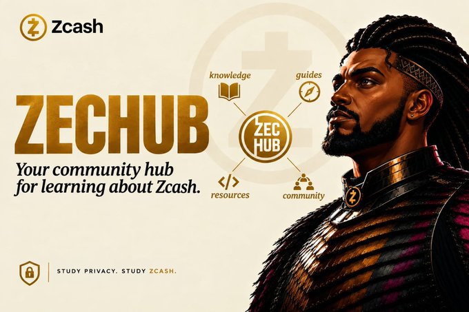 An advertisement for 'ZECHUB', described as 'Your community hub for learning about Zcash,' featuring an illustration of a man in armor with a Zcash logo and icons for knowledge, guides, resources, and community.