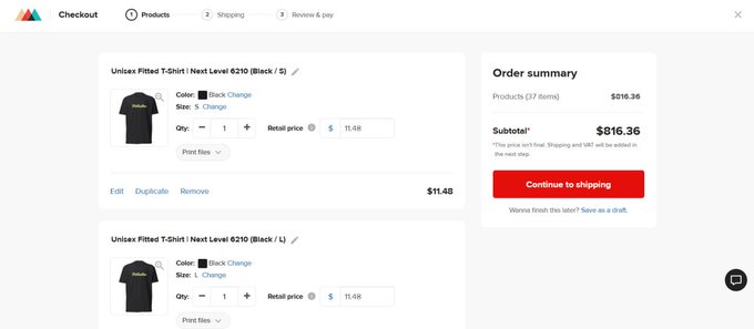 A checkout page for an online order shows 37 items totaling $816.36, with two visible 'Unisex Fitted T-Shirt | Next Level 6210' black t-shirts priced at $11.48 each, plus a 'Continue to shipping' button.