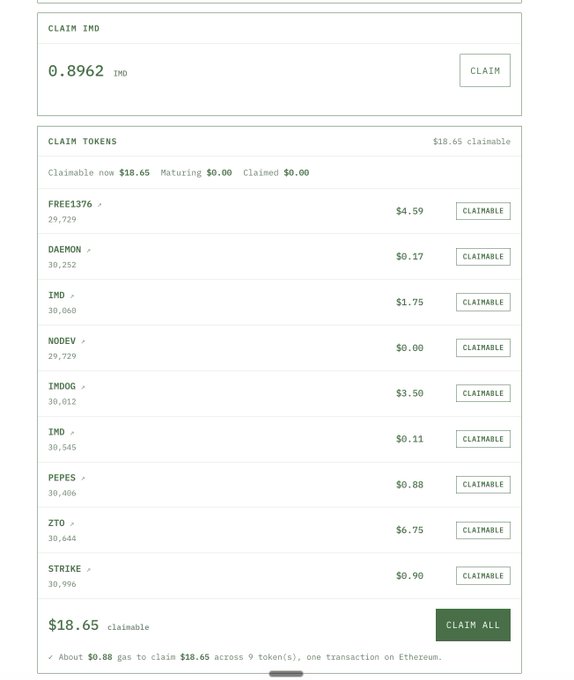 A screenshot of a crypto claim page showing options to claim tokens (FREE1376, DAEMON, IMD, NODEV, IMDOG, IMD, PEPES, ZTO, STRIKE) for a total of $18.65 claimable across 9 tokens with about $0.88 in gas fees.