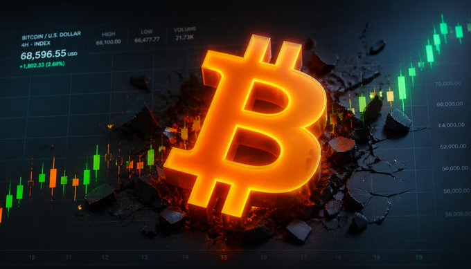 A dramatic 3D render of an orange Bitcoin symbol bursting through a cracked dark surface, displayed over a green and red candlestick chart showing the BTC/USD price around $68,596.55 with a 2.69% gain.