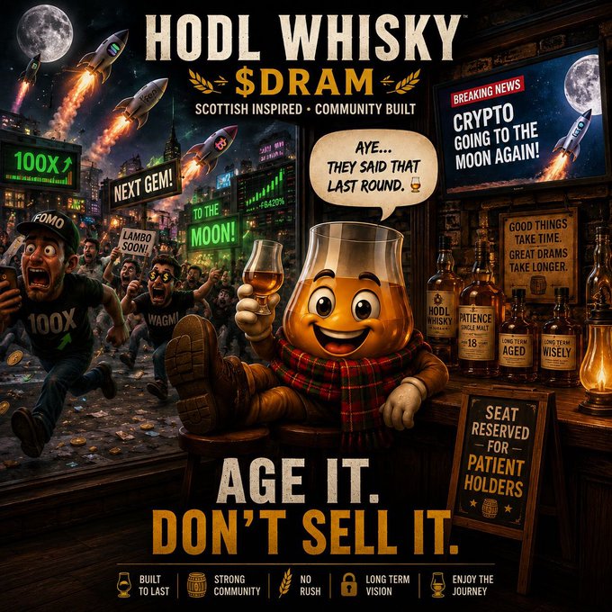 A cartoon whisky glass wearing a tartan scarf and boots sits calmly on a bar stool holding a glass of whisky, surrounded by chaotic crypto enthusiasts with signs reading "100X," "LAMBO SOON," "NEXT GEM," and a "BREAKING NEWS: CRYPTO GOING TO THE MOON AGAIN!" screen, with the slogan "HODL WHISKY $DRAM" and "AGE IT. DON'T SELL IT." The image visually captures the post's contrast between the hyped, moon-chasing crypto culture and the laid-back Scottish whisky philosophy of patient community building.