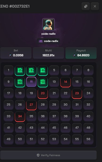 A screenshot from the gambling site Stake shows user "code-radix" placing a 0.0356 KENO bet (#002732E1) on numbers 2, 3, 4, 10, 11, 12 (highlighted green) with previously selected losing numbers 14, 20, 23, 27, 34 (red), achieving a 1822.81x multiplier with a potential 64.8920 payout. The image aligns with the post's excited/frustrated tone, likely showcasing a big KENO win or risky multi-number bet.