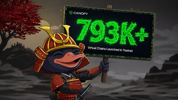 An illustration of a samurai-duck character holding a sign that reads 'CANOPY 793K+ Virtual Chains Launched in Testnet' against a Japanese-style landscape with red foliage.