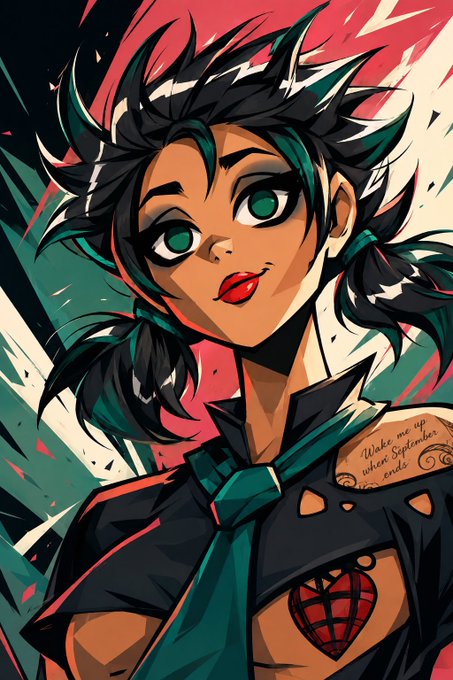 An anime-style digital illustration featuring a female character with spiky black and teal hair, large green eyes, red lips, and a heart tattoo on her shoulder, set against a bold red and green background.