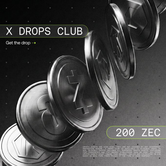 Promotional artwork for “X Drops Club” featuring metallic Zcash-style coins, the headline “Get the drop,” and a prize ticker reading “200 ZEC.” It supports the accompanying post announcing a ZEC spotlight in Europe, a 200 ZEC giveaway for holders of listed tokens, 2× ZEC trades, and an Oct. 26, 14:00 CEST deadline.