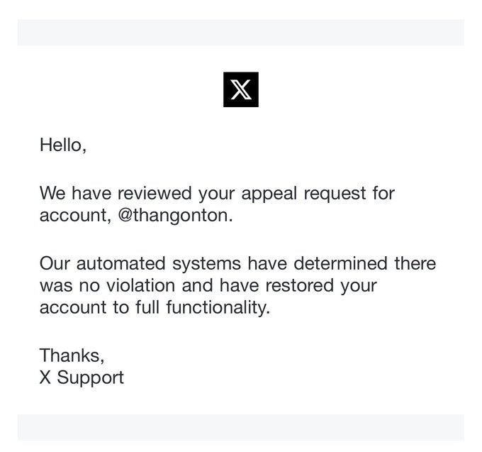 An email from X Support informs user @thangonton that their appeal for account suspension was successful, with automated systems finding no violation and restoring full functionality—serving as a small win amid the post's lament about the chaos of recent suspensions, particularly for web3 users.