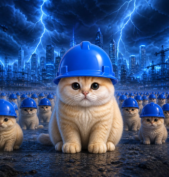 An AI-generated image of a kitten wearing a blue hard hat sitting in front of a crowd of similarly hard-hatted kittens, with a stormy city skyline in the background.