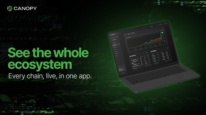A dark green promotional banner for 'CANOPY' with the text 'See the whole ecosystem' and 'Every chain, live, in one app,' featuring a laptop displaying a financial trading dashboard.