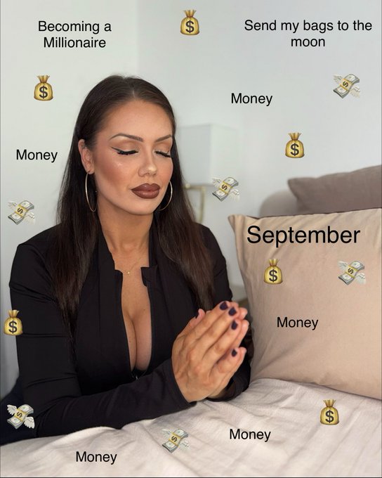 A woman with closed eyes sits with hands clasped as if praying, surrounded by overlaid text including 'Becoming a Millionaire,' 'Money,' 'September,' and 'Send my bags to the moon,' along with numerous money bag emojis.