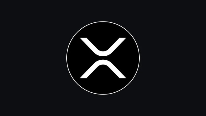 A minimalist logo featuring a white circular outline containing the XRP cryptocurrency symbol on a black background.
