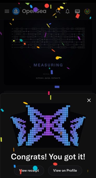 An OpenSea screenshot celebrating the completion of a 'MEASURING' NFT mint by echoes.quip.network with confetti effects and a pixel art image, offering buttons to 'View receipt' or 'View on Profile'.