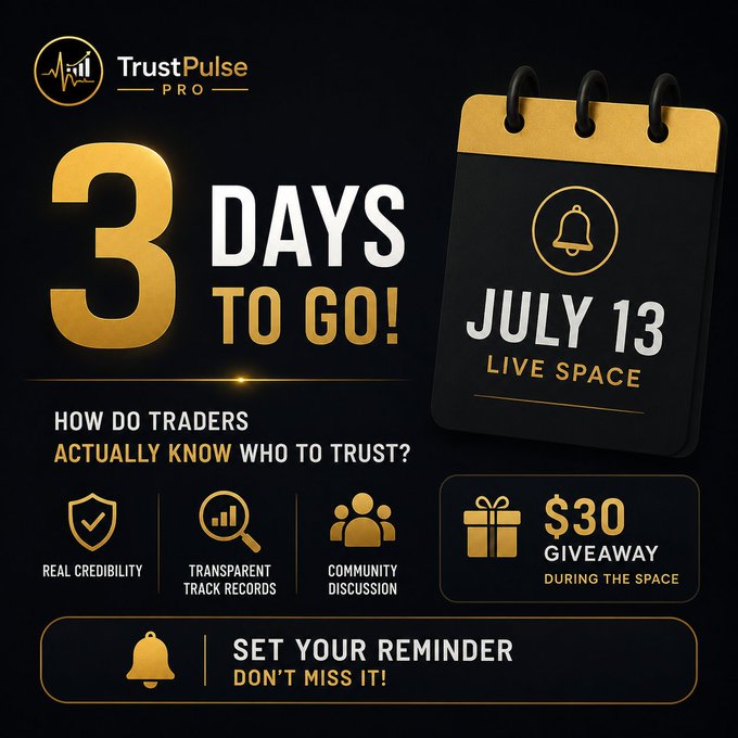 A promotional graphic for 'TrustPulse PRO' advertising '3 DAYS TO GO!' for a July 13 live space event, featuring a $30 giveaway and icons representing real credibility, transparent track records, and community discussion.