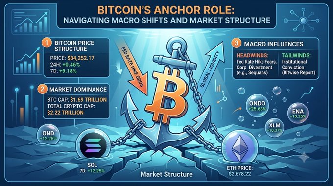 An infographic titled 'BITCOIN'S ANCHOR ROLE: NAVIGATING MACRO SHIFTS AND MARKET STRUCTURE' displays Bitcoin price at $84,252.17 (+0.46% 24H), BTC cap $1.69 trillion, total crypto cap $2.22 trillion, macro influences including Fed Rate Hike Fears, and various tokens like ONDO, SOL, ENA, XLM, and ETH at $2,678.22.