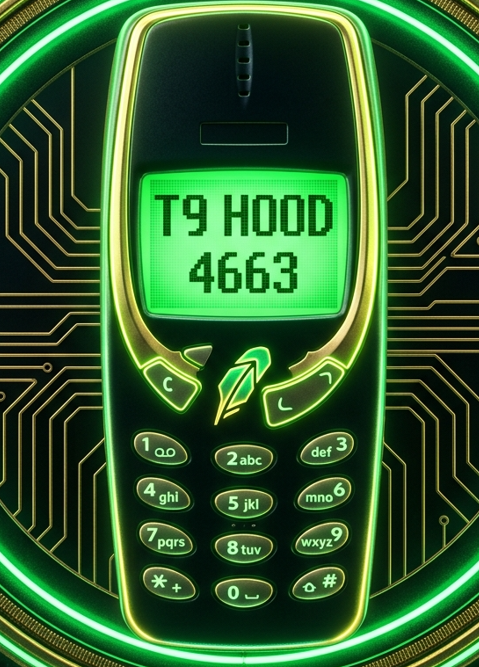 A stylized neon-green and gold pixel art image of an old Nokia-style cellphone with the text 'T9 HOOD 4663' displayed on its screen, set against a circuit board background.
