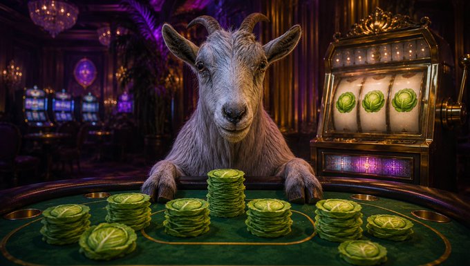 A grey goat sits at a green casino table with stacks of lettuce chips as currency, beside an ornate golden slot machine displaying three lettuce symbols, playing on the "$GOAT777" lucky mascot concept referenced in the post.