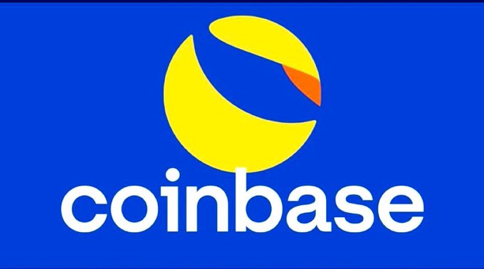 The image displays the Coinbase logo, featuring a yellow circular emblem with an orange accent on a blue background above the white "coinbase" wordmark. The logo connects to the post's speculation about potential price expansion for $LUNC (Terra Luna Classic) should Coinbase decide to list or take action on the token.