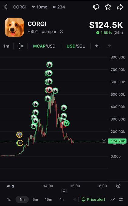 A mobile trading app screenshot showing the CORGI token (H8bY...pump) at $124.5K with a 1.5K% 24h gain, displaying a 1-minute price chart with dramatic volatility spikes between $100K and $800K.