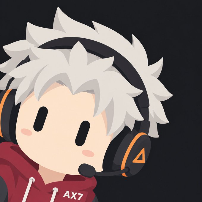 A chibi-style cartoon avatar of a character with spiky white hair, oval black eyes, a red hoodie with "AX7" text, and a black and orange gaming headset with a microphone.