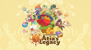 Promotional art for 'Atia's Legacy' featuring various anime-style characters and creatures on a yellow background.