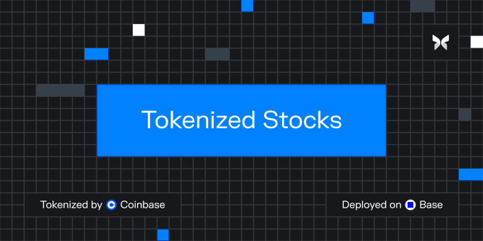 Digital graphic with a dark grid background displaying 'Tokenized Stocks' in a blue box, with text indicating 'Tokenized by Coinbase' and 'Deployed on Base', accompanied by a butterfly icon.