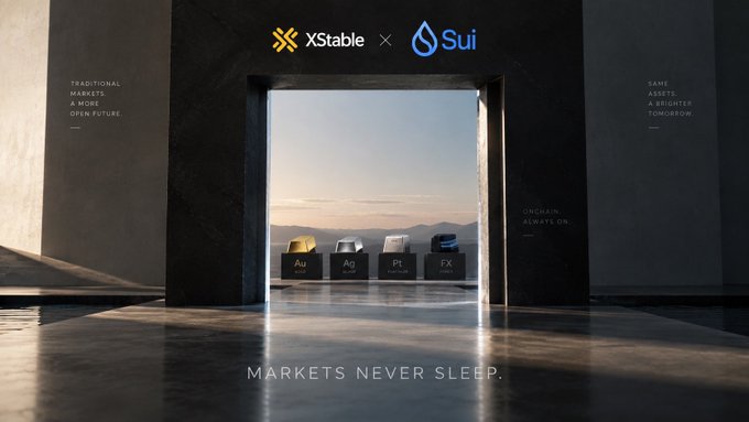 A promotional graphic featuring the logos "XStable × Sui" with text "TRADITIONAL MARKETS, A MORE OPEN FUTURE." and "MARKETS NEVER SLEEP.", displaying commodity symbols Au, Ag, Pt, and FX.