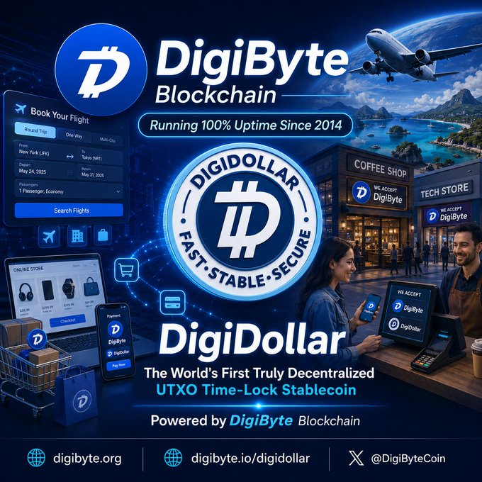 A promotional graphic for 'DigiByte Blockchain' and 'DigiDollar,' described as 'The World's First Truly Decentralized UTXO Time-Lock Stablecoin,' showing images of flight booking, online shopping, and retail payment scenarios.