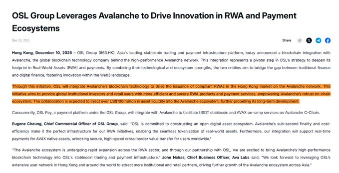 A press release headline 'OSL Group Leverages Avalanche to Drive Innovation in RWA and Payment Ecosystems' dated Dec 10, 2025, announcing integration of Avalanche blockchain with OSL.