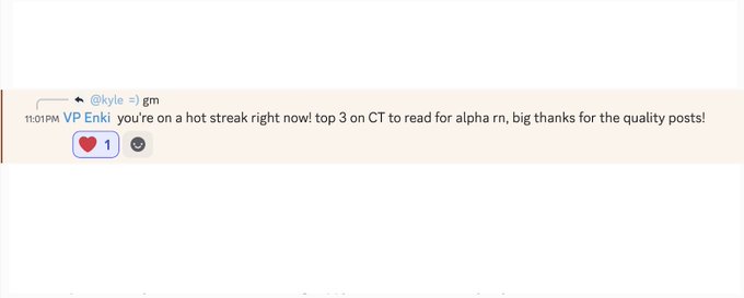 A Discord message from user "VP Enki" posted at 11:01 PM reads: "you're on a hot streak right now! top 3 on CT to read for alpha rn, big thanks for the quality posts!" The message reacts to the poster's gratitude and "gm" greeting by acknowledging their top 3 trending status and thanking them for quality alpha content.