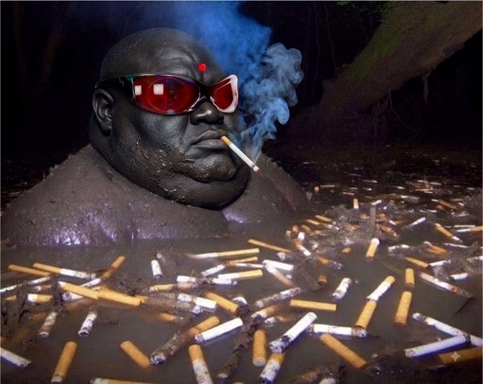 A surreal image of a large dark-skinned head wearing red sunglasses, smoking a cigarette while emerging from muddy water surrounded by hundreds of cigarette butts.