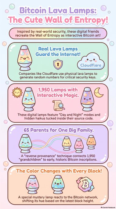 The image is a colorful infographic titled "Bitcoin Lava Lamps: The Cute Wall of Entropy!" that explains how 1,950 digital lava lamp characters, inspired by Cloudflare's real lava lamps used for security key generation, generate Bitcoin art through their random "wobbles," with 65 parent lamps connected to historic Bitcoin inscriptions and one special lamp changing colors with each new block.