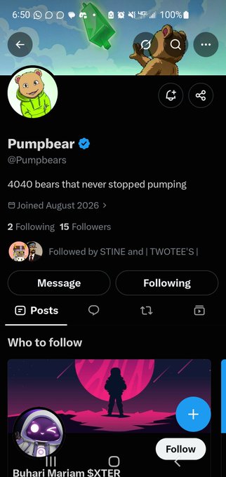 A Twitter/X profile page shows the account 'Pumpbear' (@Pumpbears) with bio '4040 bears that never stopped pumping', 15 Followers, 2 Following, joined August 2026.