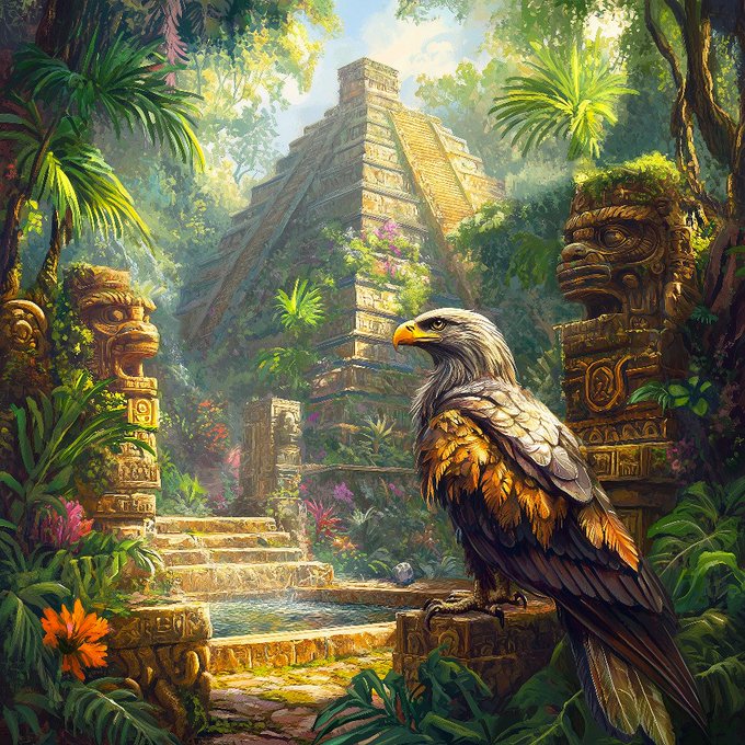 A digital illustration depicts a majestic eagle perched on an ancient stone structure in a lush jungle setting, with a Mayan pyramid and carved stone heads in the background.