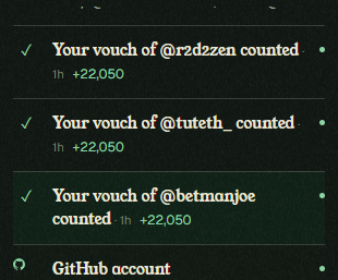 A list of Twitter/X vouch notifications showing 'Your vouch of @r2d2zen counted' (+22,050), 'Your vouch of @tuteth_ counted' (+22,050), and 'Your vouch of @betmanjoe counted' (+22,050).