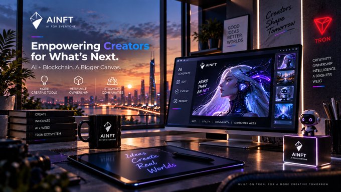 A promotional graphic for 'AINFT' with the tagline 'Empowering Creators for What's Next. AI + Blockchain. A Bigger Canvas.' featuring a workspace scene and Tron blockchain branding.