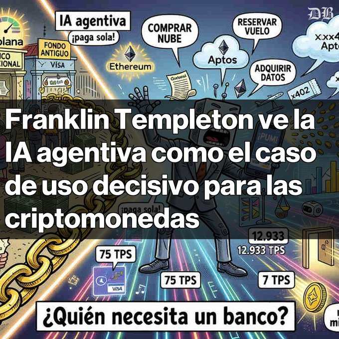 A Spanish-language graphic stating 'Franklin Templeton ve la IA agentiva como el caso de uso decisivo para las criptomonedas' (Franklin Templeton sees agentic AI as the decisive use case for crypto), featuring Ethereum and Aptos logos.