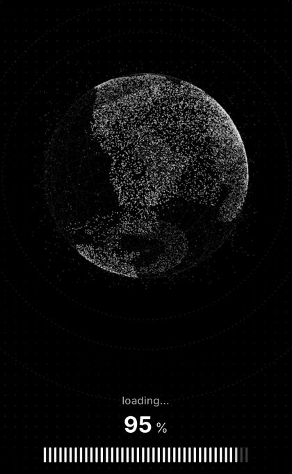 A minimalist black loading screen showing a dotted globe graphic with 'loading...' and '95%' displayed above a progress bar.