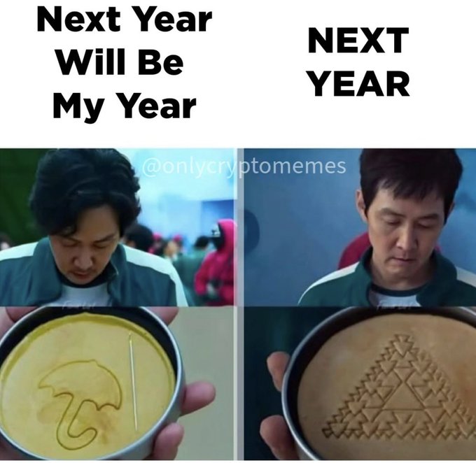 Crypto meme with the Squid Game honeycomb cookie challenge; left side labeled "Next Year Will Be My Year" with a dalgona shape, right side labeled "NEXT YEAR" with a triangle pattern, credited to @onlycryptomemes.
