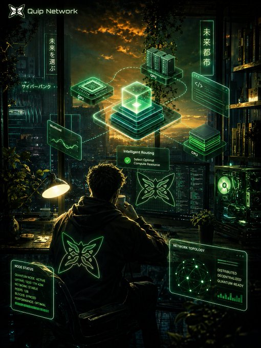 A cyberpunk-style digital artwork showing a person viewing a futuristic 'Quip Network' holographic interface with 'Intelligent Routing' and 'Quantum Node' displays, featuring Chinese text and a network topology diagram.