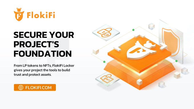 The image features a white background with an orange logo for "FlokiFi" written in black text at the top, followed by a block of text that reads "Secure Your project's foundation From LP tokens to NFTs, FlokiFi Locker gives your project the tools to build trust and protect assets". The image also includes a 3D rendering of a shield with a crown on it.