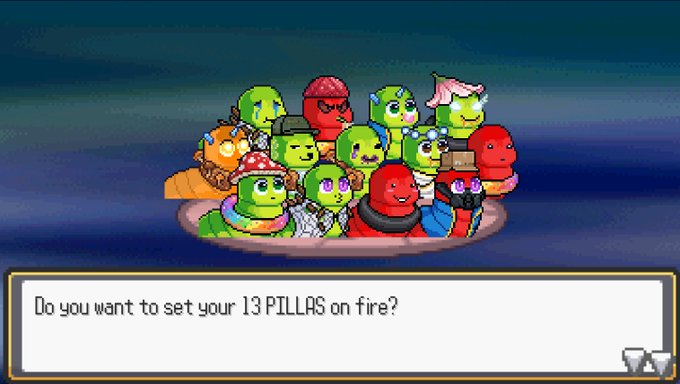The image features a group of cartoon characters, including a large green turtle with a red hat sitting atop a pile of 13 pillars. The text above the image reads "Do you want to set your 13 Pillars on fire?" This suggests that there is an interactive element in the image where viewers can make choices or decisions related to the game's storyline.