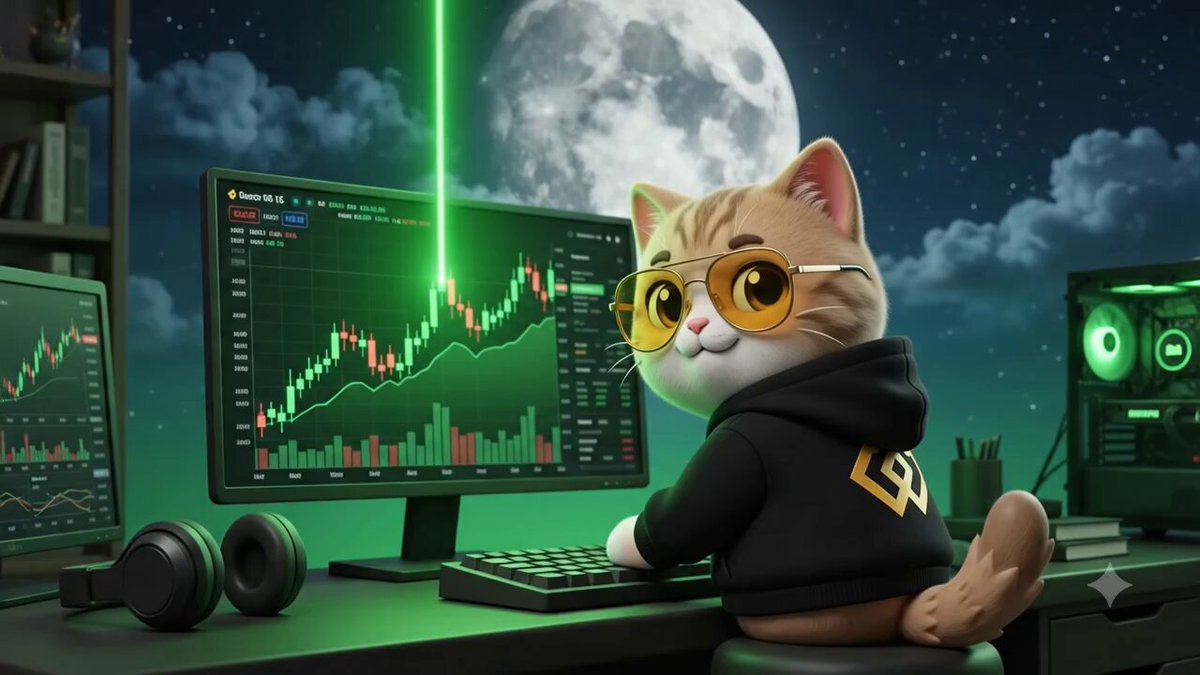 The image features a cartoon cat wearing black sunglasses sitting at a desk, dressed up as an alien with its paws on the computer keyboard while holding a glowing light. The background of the image shows a night sky with a full moon. There are two computer monitors in front of the cat - one displaying a stock chart and another showing a news bulletin screen. A computer monitor speaker is also present near the cat's desk, indicating that there might be some audio input or entertainment related to the stock chart displayed on the other monitor. The image suggests that this may be an advertisement promoting stocks, as it portrays the cat in a relatable, out-of-this-world setting with its unique attire and computer accessories.
