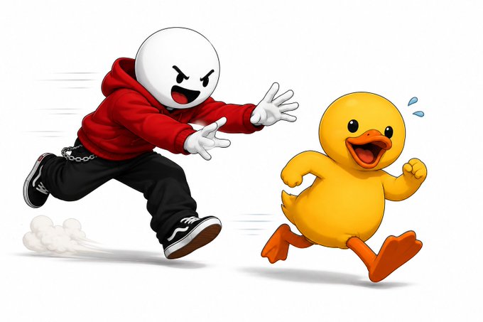 A cartoon illustration of an angry figure in a red hoodie and black pants chasing a frightened, running yellow rubber duck.