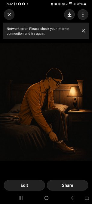 A mobile screenshot showing a 'Network error. Please check your internet connection and try again.' message above an AI-generated image of a man in glasses and a tie sitting on a bed tying his shoe in dim lighting.