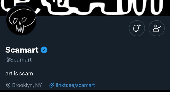 A screenshot of the verified Twitter profile for "Scamart" (@Scamart), based in Brooklyn, NY, featuring a black skull avatar with the bio "art is scam." The profile promotes an NFT drop titled "Time is Scam," a collection of 1,440 fully on-chain generative digital watches on Ethereum, each representing a unique minute of the day.