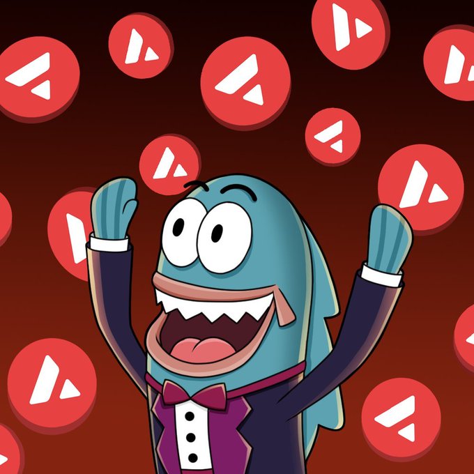 Cartoon illustration of an excited fish-like character in a tuxedo raising its arms, surrounded by red Avalanche (AVAX) crypto logos against a dark red background.