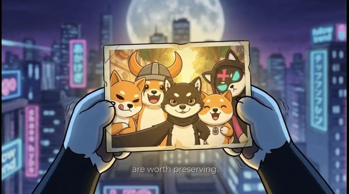 A pair of gloved hands holds up a photograph featuring five cartoon Shiba Inu characters against a nighttime cityscape with a full moon, with the caption "are worth preserving" visible at the bottom. The image appears to symbolize the lasting value and nostalgia of the Shiba Inu-themed meme project referenced in the post about MAME's consistent performance over its first five days since launch.