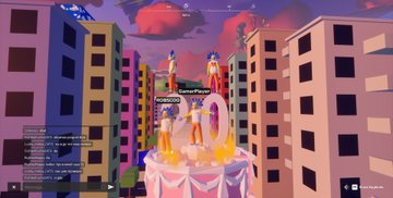 A screenshot from a virtual world game showing characters standing on a birthday cake with candles in a stylized city environment, with a chat interface visible on the left.