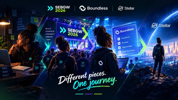 A promotional banner for 'SEBGW 2026' featuring the 'Boundless' and 'Stellar' logos, showing people working on laptops and looking towards a futuristic city, with the tagline 'Different pieces. One journey.'